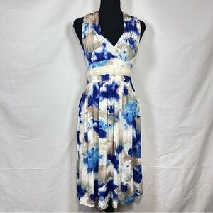 Blue & Cream Watercolor Sleeveless Midi Dress